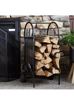 New 🔔 4-Piece Steel Firewood Log Rack Cart with Fireplace Tools by Sunnydaze Decor ⭐
