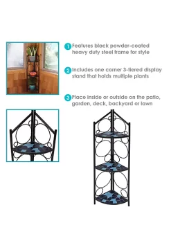 Coupon ✔️ Black Steel/Blue Mosaic Shelves 3-Tier Corner Plant Stand - 44 in by Sunnydaze Decor 😍 -Sunnydaze Decor Shop Belk 1221
