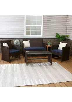 Promo 👍 Ardfield Rattan 4-Piece Patio Furniture Set - Brown and Navy Blue by Sunnydaze Decor 🔔