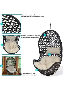 Budget 🎁 Black Resin Wicker Basket Hanging Egg Chair with Cushions - Beige by Sunnydaze Decor 🤩 -Sunnydaze Decor Shop Belk 1695
