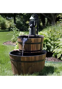 New 🛒 Rustic 2-Tier Wood Barrel Water Fountain with Hand Pump - 34 in by Sunnydaze Decor ✔️