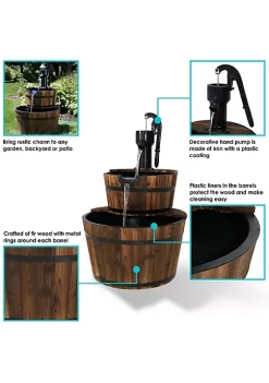 New 🛒 Rustic 2-Tier Wood Barrel Water Fountain with Hand Pump - 34 in by Sunnydaze Decor ✔️ -Sunnydaze Decor Shop Belk 2206
