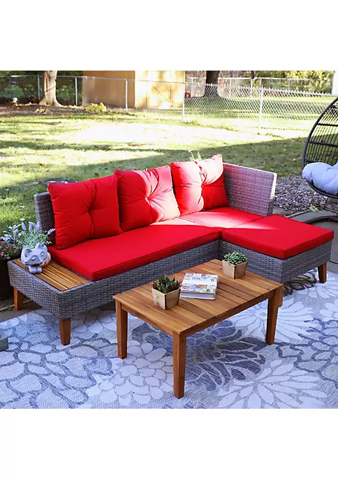 Outlet ๐ Alastair Rattan Patio Sectional with Coffee Table - Red Cushions by Sunnydaze Decor ๐ 3 Outlet ๐ Alastair Rattan Patio Sectional with Coffee Table - Red Cushions by Sunnydaze Decor ๐