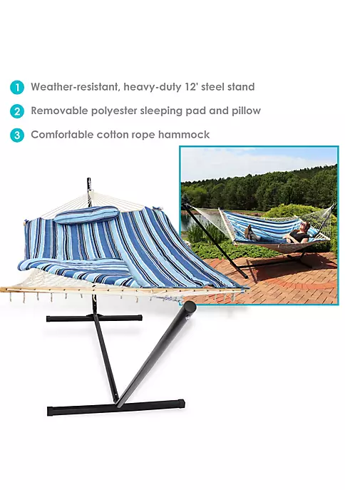 Wholesale 🛒 Large Rope Hammock with Steel Stand and Pad/Pillow - Misty Beach by Sunnydaze Decor 👍 6 Wholesale 🛒 Large Rope Hammock with Steel Stand and Pad/Pillow - Misty Beach by Sunnydaze Decor 👍 - Image 4