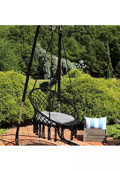 Cheapest ๐ Macrame Hammock Chair with Tassels and Cushion - Black/Gray by Sunnydaze Decor ๐ 8 Cheapest ๐ Macrame Hammock Chair with Tassels and Cushion - Black/Gray by Sunnydaze Decor ๐ - Image 6