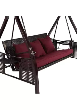 Cheap 🔔 3-Person Steel Patio Swing Bench with Side Tables/Canopy - Merlot by Sunnydaze Decor ⭐ -Sunnydaze Decor Shop Belk 4086