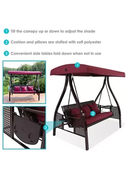 Cheap 🔔 3-Person Steel Patio Swing Bench with Side Tables/Canopy - Merlot by Sunnydaze Decor ⭐ -Sunnydaze Decor Shop Belk 4087