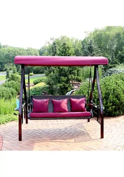 Cheap 🔔 3-Person Steel Patio Swing Bench with Side Tables/Canopy - Merlot by Sunnydaze Decor ⭐ -Sunnydaze Decor Shop Belk 4089