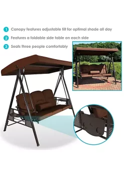 Outlet 🎁 3-Person Steel Patio Swing Bench with Side Tables/Canopy - Brown by Sunnydaze Decor 🔥 -Sunnydaze Decor Shop Belk 4184