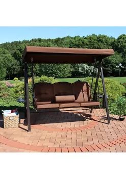 Outlet 🎁 3-Person Steel Patio Swing Bench with Side Tables/Canopy - Brown by Sunnydaze Decor 🔥 -Sunnydaze Decor Shop Belk 4186