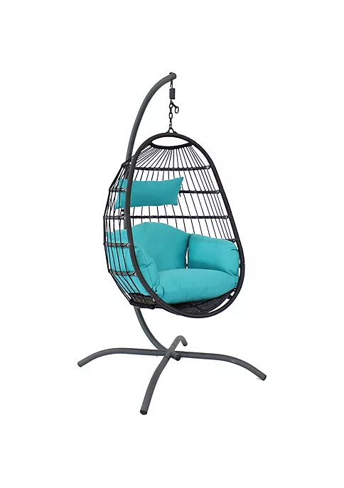 Hot Sale โ Resin Wicker Hanging Egg Chair with Steel Stand/Cushions - Blue by Sunnydaze Decor ๐ 4 Hot Sale โ Resin Wicker Hanging Egg Chair with Steel Stand/Cushions - Blue by Sunnydaze Decor ๐ - Image 2