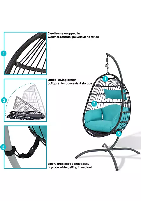 Hot Sale โ Resin Wicker Hanging Egg Chair with Steel Stand/Cushions - Blue by Sunnydaze Decor ๐ 6 Hot Sale โ Resin Wicker Hanging Egg Chair with Steel Stand/Cushions - Blue by Sunnydaze Decor ๐ - Image 4