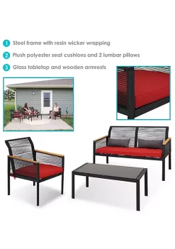 Cheap ⭐ Coachford Rattan 4-Piece Patio Furniture Set - Red Cushions by Sunnydaze Decor ✔️ -Sunnydaze Decor Shop Belk 4303
