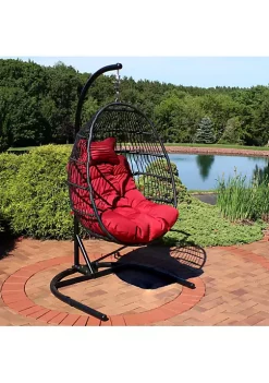Promo ❤️ Resin Wicker Hanging Egg Chair with Steel Stand/Cushions - Red by Sunnydaze Decor ✨