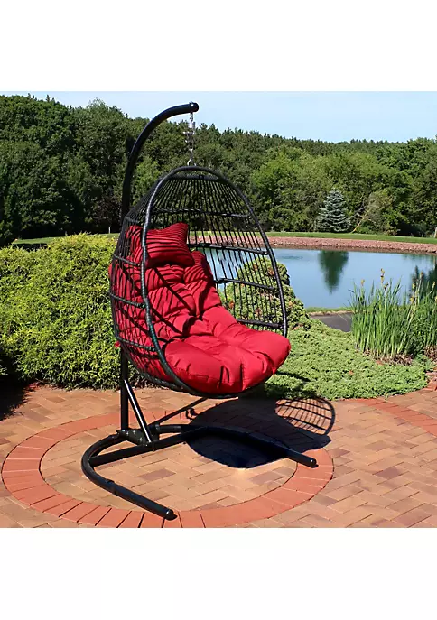 Promo ❤️ Resin Wicker Hanging Egg Chair with Steel Stand/Cushions - Red by Sunnydaze Decor ✨ 7 Promo ❤️ Resin Wicker Hanging Egg Chair with Steel Stand/Cushions - Red by Sunnydaze Decor ✨ - Image 5