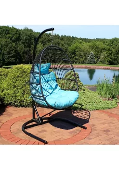 Promo ⌛ Resin Wicker Hanging Egg Chair with Steel Stand/Cushions - Blue by Sunnydaze Decor ✔️ -Sunnydaze Decor Shop Belk 4315