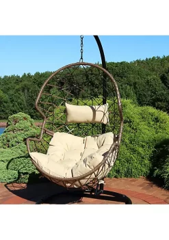Discount 👏 Beige Resin Wicker Basket Hanging Egg Chair with Cushions - Beige by Sunnydaze Decor ✔️