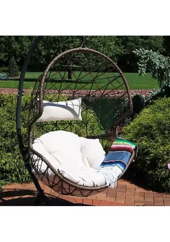Buy ⌛ Brown Resin Wicker Basket Hanging Egg Chair with Cushions - Beige by Sunnydaze Decor ⭐