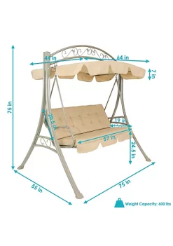 Coupon 🛒 3-Person Steel Patio Swing Bench with Canopy/Cushion - Beige by Sunnydaze Decor ✔️ -Sunnydaze Decor Shop Belk 4421