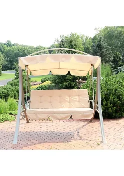 Coupon 🛒 3-Person Steel Patio Swing Bench with Canopy/Cushion - Beige by Sunnydaze Decor ✔️ -Sunnydaze Decor Shop Belk 4422