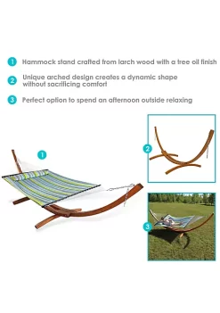 Coupon 👏 2-Person Quilted Hammock with Curved Wooden Stand - Blue/Green by Sunnydaze Decor 🔔 -Sunnydaze Decor Shop Belk 4485