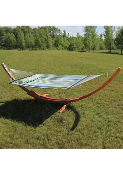 Coupon 👏 2-Person Quilted Hammock with Curved Wooden Stand - Blue/Green by Sunnydaze Decor 🔔 -Sunnydaze Decor Shop Belk 4486
