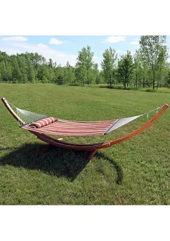 Wholesale ✔️ 2-Person Quilted Hammock with Curved Wooden Stand - Red Stripe by Sunnydaze Decor 🧨 -Sunnydaze Decor Shop Belk 4491