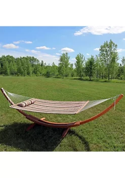 Buy ⌛ 2-Person Quilted Hammock with Curved Wooden Stand - Sandy Beach by Sunnydaze Decor 👍