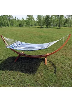 Best Sale 🔔 Large Quilted Hammock with Curved Wooden Stand - Catalina Beach by Sunnydaze Decor 🥰