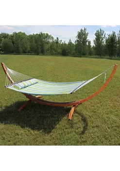 Budget 🎉 2-Person Quilted Hammock with Curved Wooden Stand - Blue/Green by Sunnydaze Decor ⌛