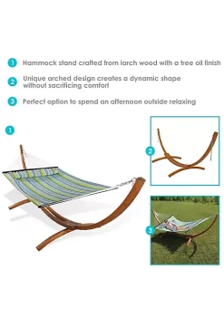 Budget 🎉 2-Person Quilted Hammock with Curved Wooden Stand - Blue/Green by Sunnydaze Decor ⌛ -Sunnydaze Decor Shop Belk 4649