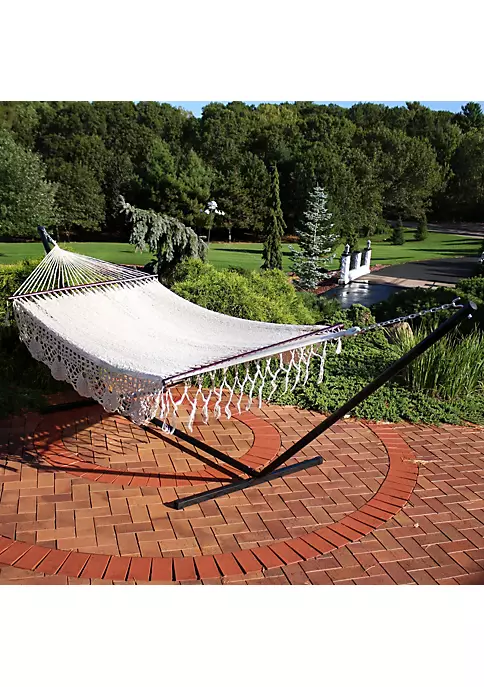 New ๐ 2-Person Cotton/Nylon Hammock with Steel Stand and Fringe - White by Sunnydaze Decor ๐งจ 7 New ๐ 2-Person Cotton/Nylon Hammock with Steel Stand and Fringe - White by Sunnydaze Decor ๐งจ - Image 5