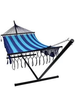 Cheap ๐ 2-Person Cotton/Nylon Hammock with Steel Stand and Fringe - Blue by Sunnydaze Decor โ