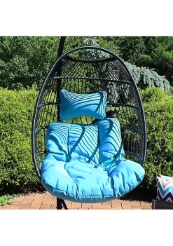 Discount 🎉 Black Polyethylene Wicker Hanging Egg Chair with Cushions - Blue by Sunnydaze Decor 😀