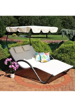 Discount 🥰 Sling Fabric Double Outdoor Chaise Lounge Bed with Canopy - Beige by Sunnydaze Decor 👍