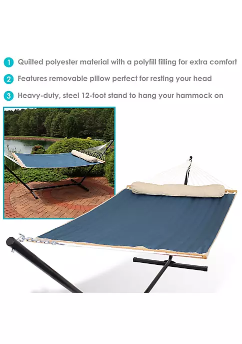 Top 10 ✔️ 2-Person Quilted Fabric Hammock with Steel Stand - Tidal Wave by Sunnydaze Decor ⭐ 6 Top 10 ✔️ 2-Person Quilted Fabric Hammock with Steel Stand - Tidal Wave by Sunnydaze Decor ⭐ - Image 4
