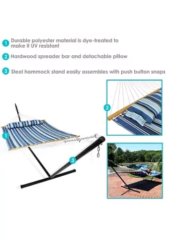 Budget 🔥 2-Person Quilted Fabric Hammock with Steel Stand - Misty Beach by Sunnydaze Decor 🛒 -Sunnydaze Decor Shop Belk 5500