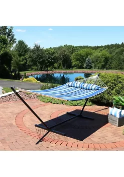 Outlet 🧨 2-Person Quilted Fabric Hammock with Steel Stand - Misty Beach by Sunnydaze Decor 🔔