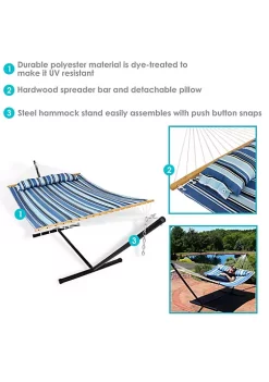 Outlet 🧨 2-Person Quilted Fabric Hammock with Steel Stand - Misty Beach by Sunnydaze Decor 🔔 -Sunnydaze Decor Shop Belk 5598