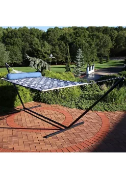 Best Pirce 🥰 2-Person Quilted Fabric Hammock with Steel Stand - Navy/Gray by Sunnydaze Decor 👍 -Sunnydaze Decor Shop Belk 5615
