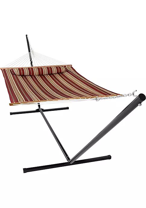 Best Pirce 🌟 2-Person Quilted Fabric Hammock with Steel Stand and Pillow - Red by Sunnydaze Decor 🥰 4 Best Pirce 🌟 2-Person Quilted Fabric Hammock with Steel Stand and Pillow - Red by Sunnydaze Decor 🥰 - Image 2