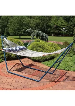 Cheap ๐คฉ 2-Person Rope Hammock with Blue Steel Stand and Pillow - Natural by Sunnydaze Decor ๐ฅ