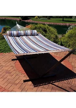 Brand new ✨ Large Quilted Fabric Hammock with Steel Stand and Pillow - Ocean by Sunnydaze Decor 👏