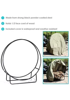 Discount 😍 48 in Powder-Coated Steel Firewood Log Hoop Rack with Khaki Cover by Sunnydaze Decor 👍 -Sunnydaze Decor Shop Belk 6199