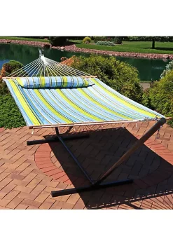 Best deal 🥰 2-Person Quilted Fabric Hammock with Steel Stand - Blue/Green by Sunnydaze Decor ⌛ -Sunnydaze Decor Shop Belk 6532