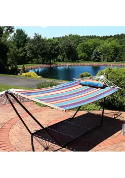 Promo 🤩 2-Person Cotton Hammock with Steel Stand and Pillow - Wildberry by Sunnydaze Decor 😍