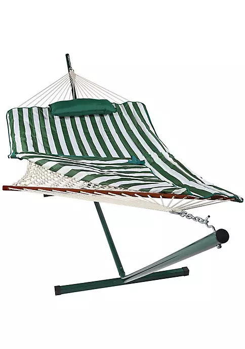 Hot Sale โ๏ธ Large Rope Hammock with Steel Stand and Pad/Pillow - Green Stripe by Sunnydaze Decor ๐ 4 Hot Sale โ๏ธ Large Rope Hammock with Steel Stand and Pad/Pillow - Green Stripe by Sunnydaze Decor ๐ - Image 2