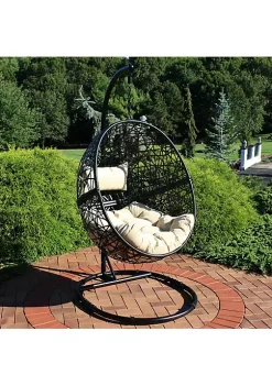 Discount ๐ Resin Wicker Hanging Egg Chair with Steel Stand/Cushion - Beige by Sunnydaze Decor ๐ฏ