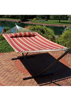 Brand new 😉 2-Person Quilted Fabric Hammock with Steel Stand and Pillow - Red by Sunnydaze Decor 🎁