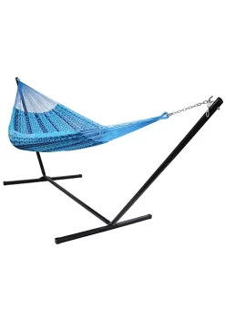 Cheap ๐ฏ 2-Person Woven Cotton/Nylon Hammock with Steel Stand - Blue by Sunnydaze Decor ๐งจ